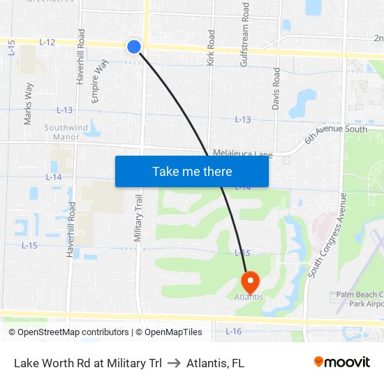 Lake Worth Rd at Military Trl to Atlantis, FL map