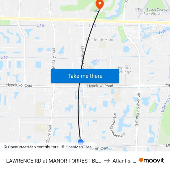 LAWRENCE RD at  MANOR FORREST BLVD S to Atlantis, FL map
