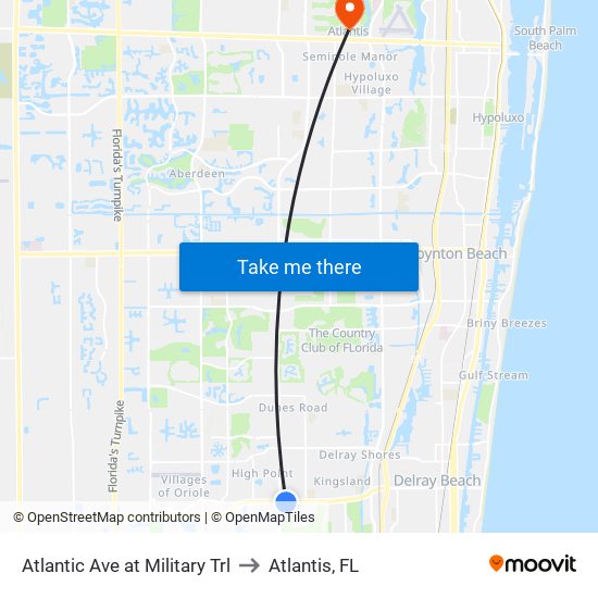 Atlantic Ave at Military Trl to Atlantis, FL map
