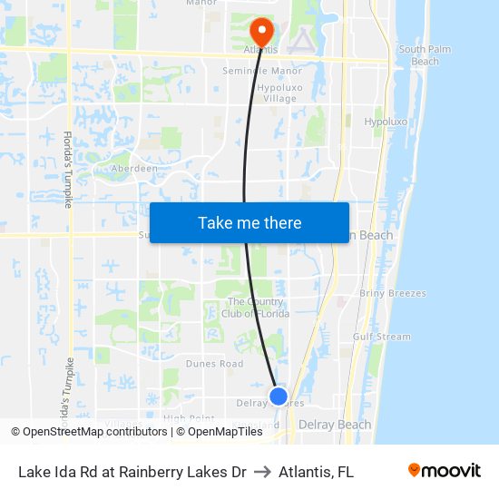 Lake Ida Rd at  Rainberry Lakes Dr to Atlantis, FL map