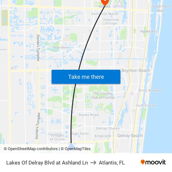 Lakes Of Delray Blvd at Ashland Ln to Atlantis, FL map