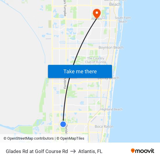 Glades Rd at Golf Course Rd to Atlantis, FL map