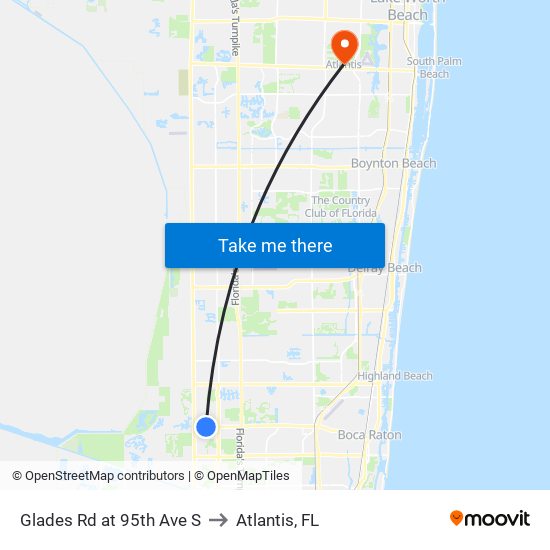 Glades Rd at 95th Ave S to Atlantis, FL map