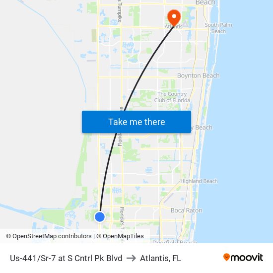 Us-441/Sr-7 at S Cntrl Pk Blvd to Atlantis, FL map