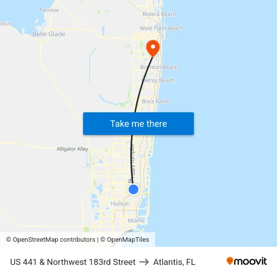 US 441 & Northwest 183rd Street to Atlantis, FL map