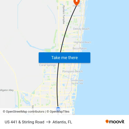 US 441 & Stirling Road to Atlantis, FL map