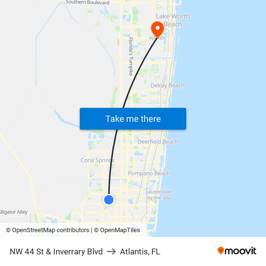 NW 44 St & Inverrary Blvd to Atlantis, FL map