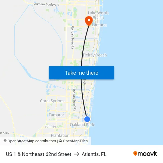 US 1 & Northeast 62nd Street to Atlantis, FL map