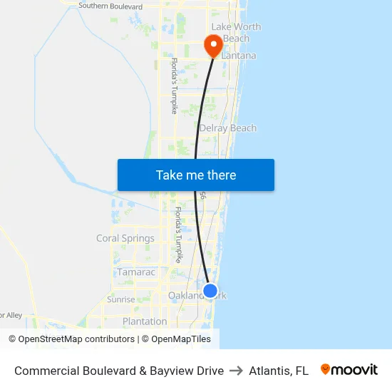 Commercial Boulevard & Bayview Drive to Atlantis, FL map