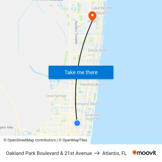 Oakland Park Boulevard & 21st Avenue to Atlantis, FL map