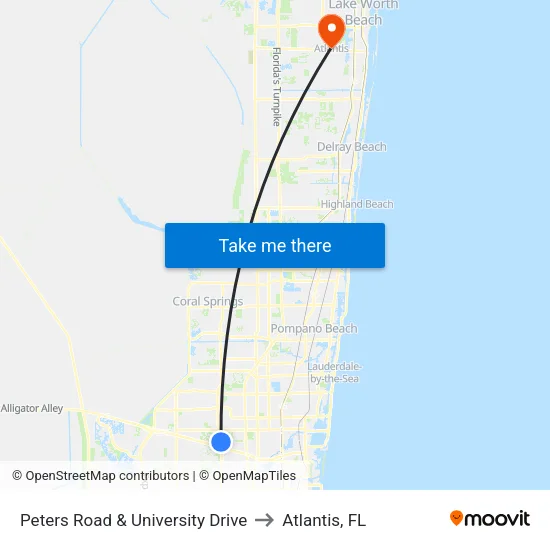 Peters Road & University Drive to Atlantis, FL map