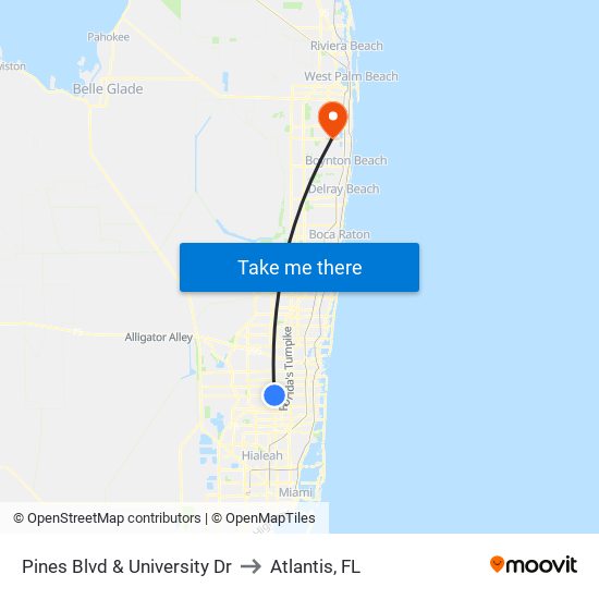 Pines Blvd & University Dr to Atlantis, FL map