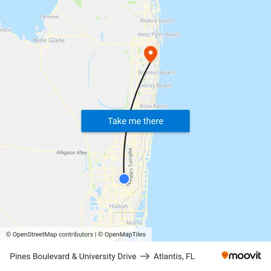 Pines Boulevard & University Drive to Atlantis, FL map