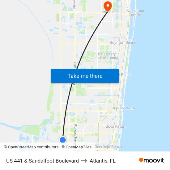 US 441 & Sandalfoot Boulevard to Atlantis, FL map
