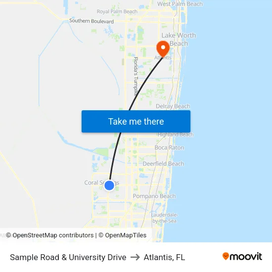 Sample Road & University Drive to Atlantis, FL map