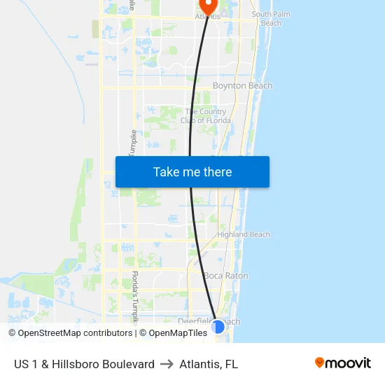 US 1 & Hillsboro Boulevard to Atlantis, FL map