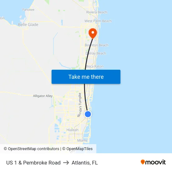 US 1 & Pembroke Road to Atlantis, FL map