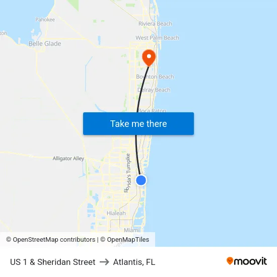 US 1 & Sheridan Street to Atlantis, FL map