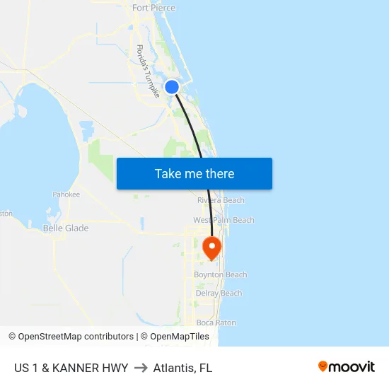 US 1 & KANNER HWY to Atlantis, FL map