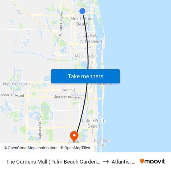The Gardens Mall (Palm Beach Gardens) to Atlantis, FL map