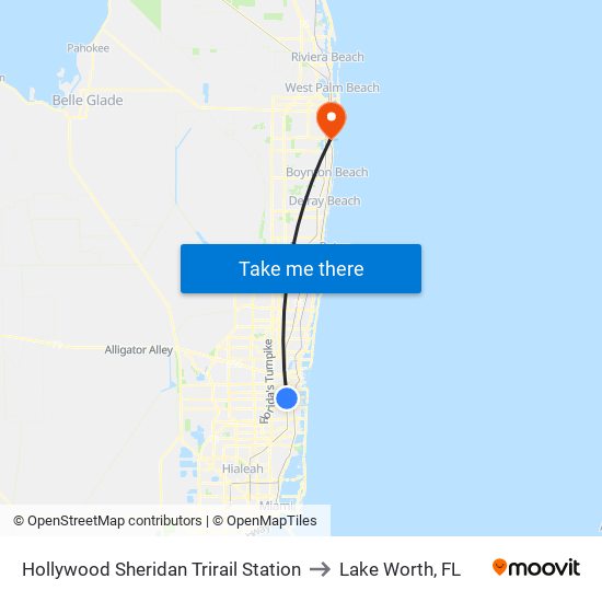 Hollywood Sheridan Trirail Station to Lake Worth, FL map