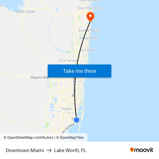Downtown Miami to Lake Worth, FL map