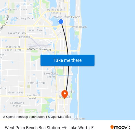 West Palm Beach Bus Station to Lake Worth, FL map