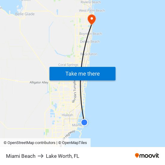 Miami Beach to Lake Worth, FL map