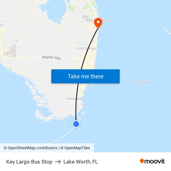 Key Largo Bus Stop to Lake Worth, FL map