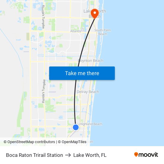 Boca Raton Trirail Station to Lake Worth, FL map