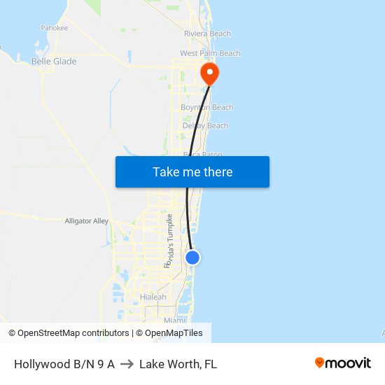 HOLLYWOOD B/N 9 A to Lake Worth, FL map