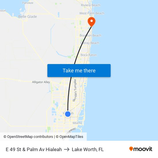 E 49 St & Palm Av Hialeah to Lake Worth, FL map