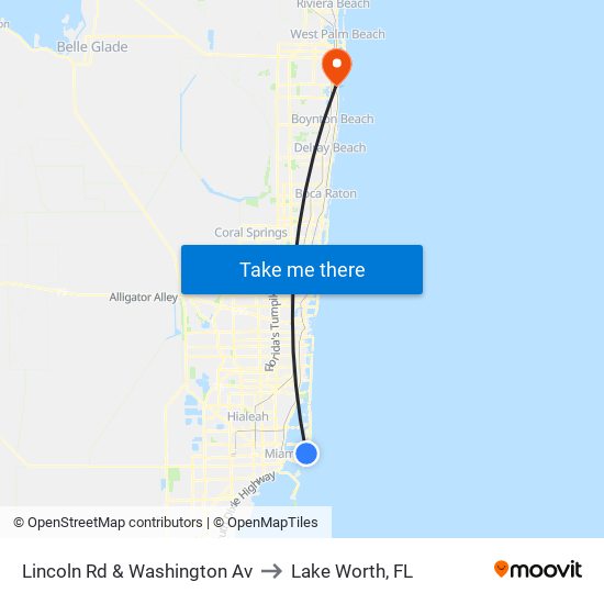 Lincoln Rd & Washington Av to Lake Worth, FL map