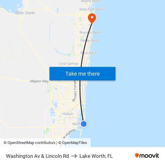 Washington Av & Lincoln Rd to Lake Worth, FL map