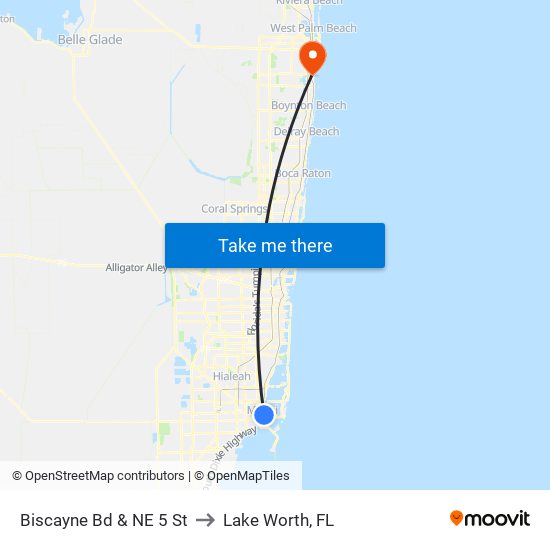 Biscayne Bd & NE 5 St to Lake Worth, FL map