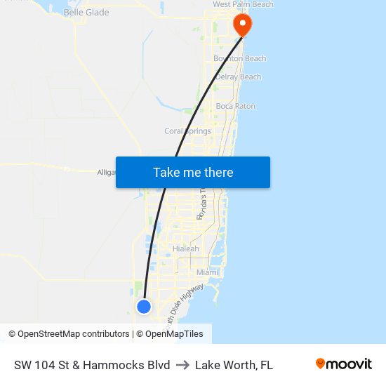 SW 104 St & Hammocks Blvd to Lake Worth, FL map