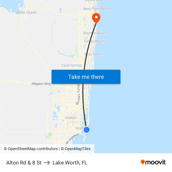 Alton Rd & 8 St to Lake Worth, FL map