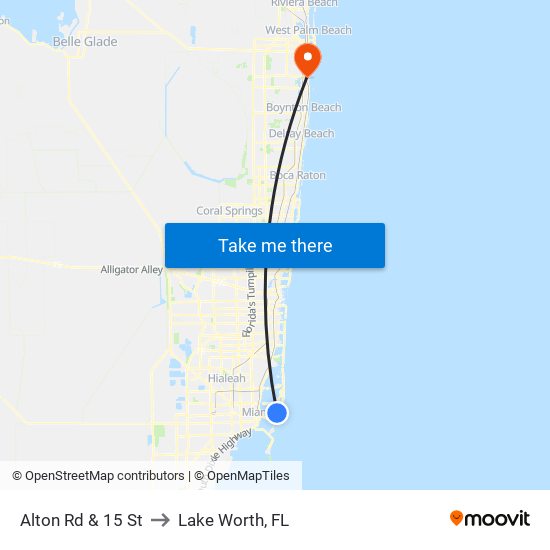 Alton Rd & 15 St to Lake Worth, FL map