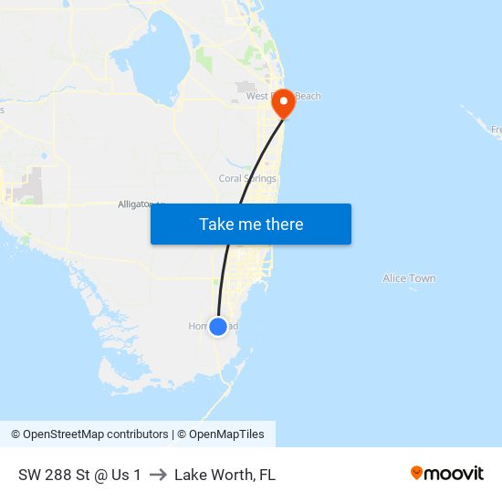 SW 288 St @ Us 1 to Lake Worth, FL map