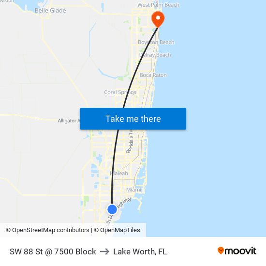 SW 88 St @ 7500 Block to Lake Worth, FL map