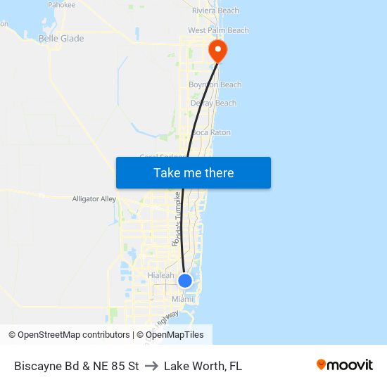 Biscayne Bd & NE 85 St to Lake Worth, FL map