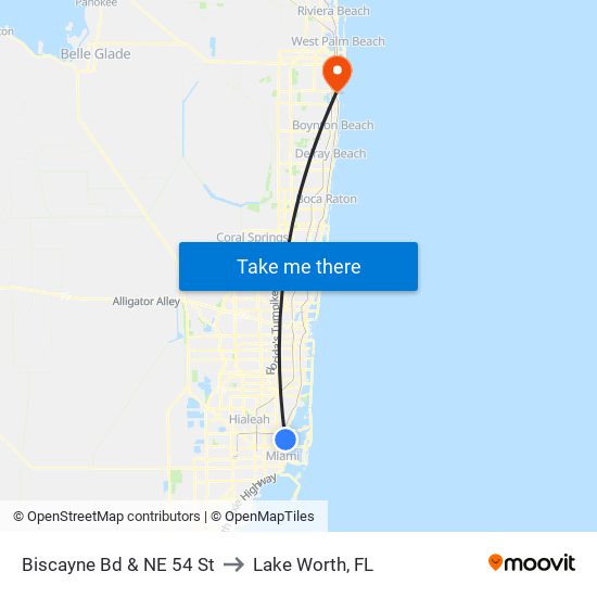 Biscayne Bd & NE 54 St to Lake Worth, FL map