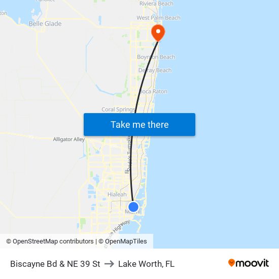 Biscayne Bd & NE 39 St to Lake Worth, FL map