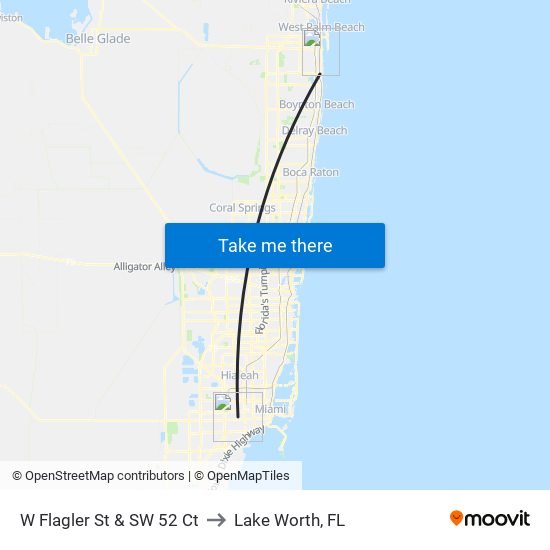 W Flagler St & SW 52 Ct to Lake Worth, FL map