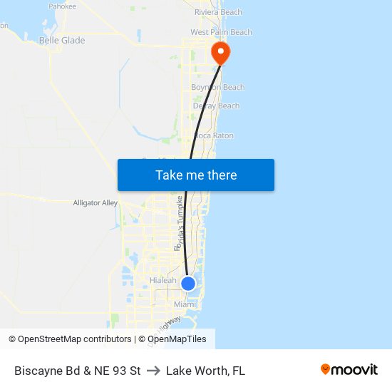 Biscayne Bd & NE 93 St to Lake Worth, FL map