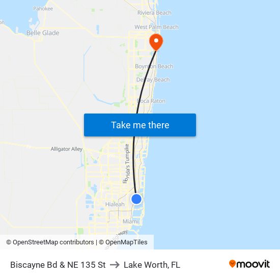 Biscayne Bd & NE 135 St to Lake Worth, FL map