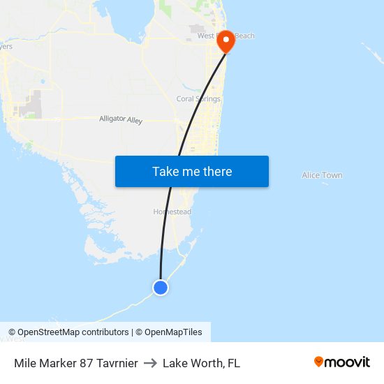Mile Marker 87 Tavrnier to Lake Worth, FL map