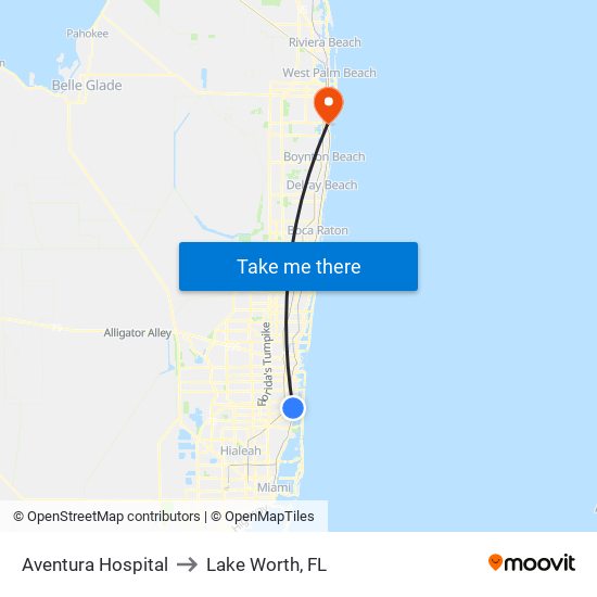 Aventura Hospital to Lake Worth, FL map