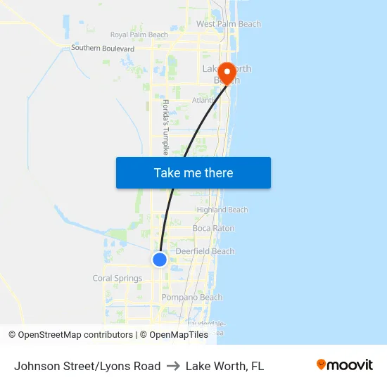Johnson Street/Lyons Road to Lake Worth, FL map