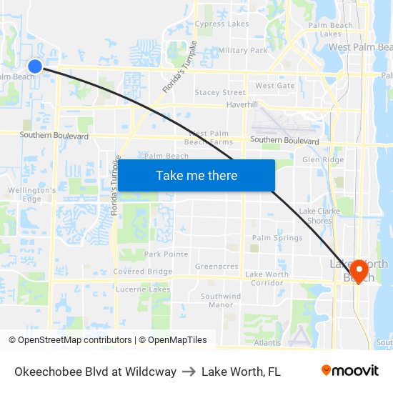 Okeechobee Blvd at  Wildcway to Lake Worth, FL map